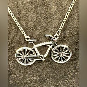 Women Handcrafted Silver Bicycle Necklace w/Rhinestones Hangs 12” Silver Chain